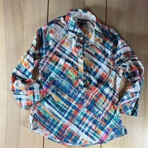 Westbound Wrinkle Free Abstract Plaid Button Up Blouse Multi Color Cotton Small
